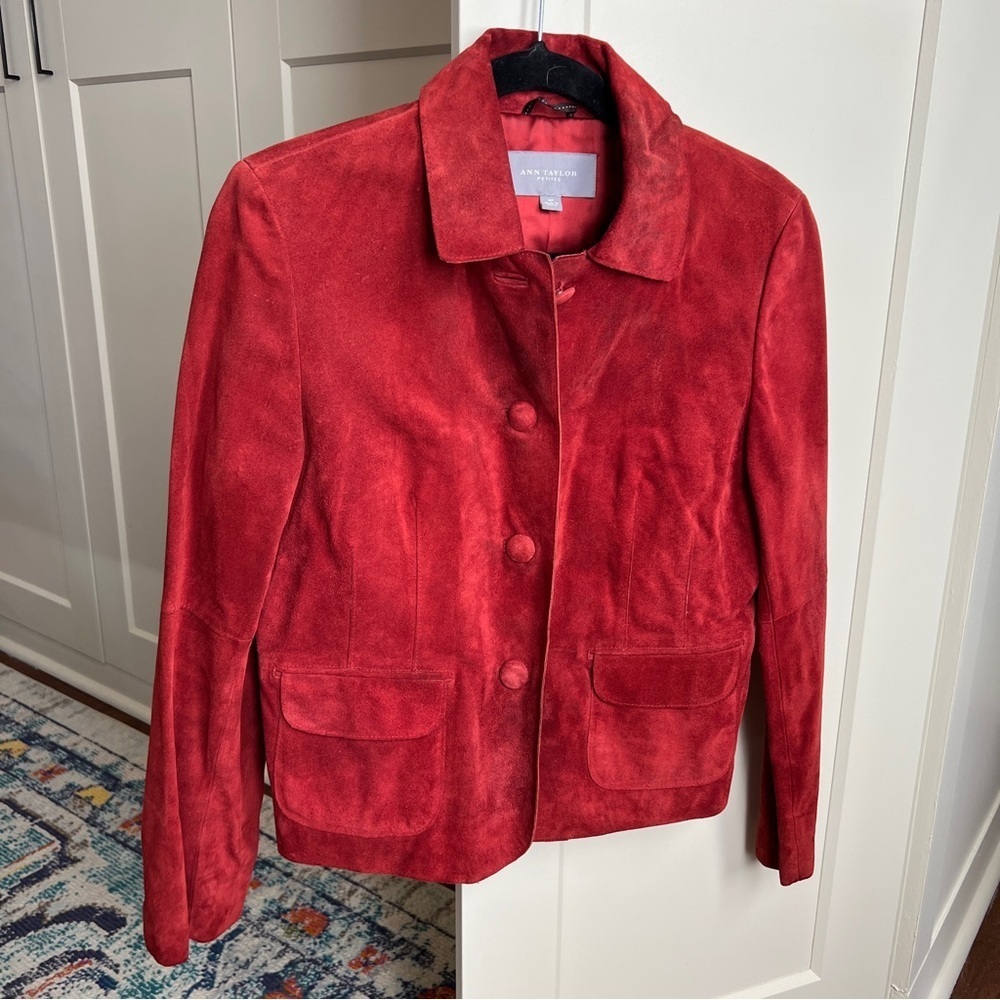 Ann Taylor Petites Red 100% Suede Leather Button Front Jacket